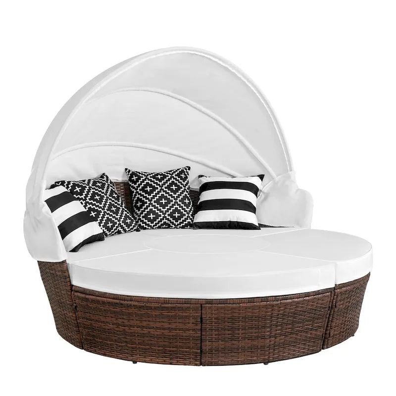 Ledel Wicker Outdoor Daybed 5-piece Sectional Sofa Set With Retractable Canopy and Cushions