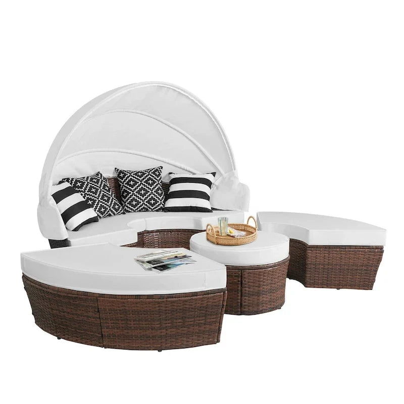 Ledel Wicker Outdoor Daybed 5-piece Sectional Sofa Set With Retractable Canopy and Cushions