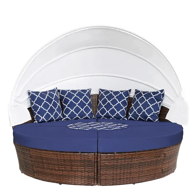Ledel Wicker Outdoor Daybed 5-piece Sectional Sofa Set With Retractable Canopy and Cushions