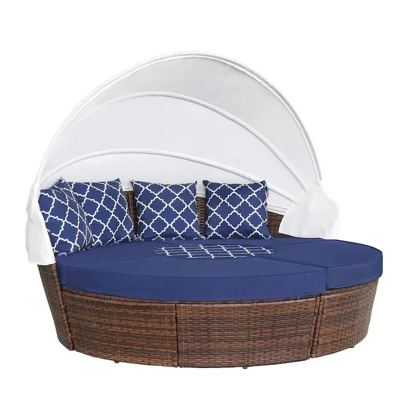 Ledel Wicker Outdoor Daybed 5-piece Sectional Sofa Set With Retractable Canopy and Cushions