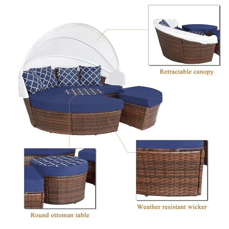 Ledel Wicker Outdoor Daybed 5-piece Sectional Sofa Set With Retractable Canopy and Cushions