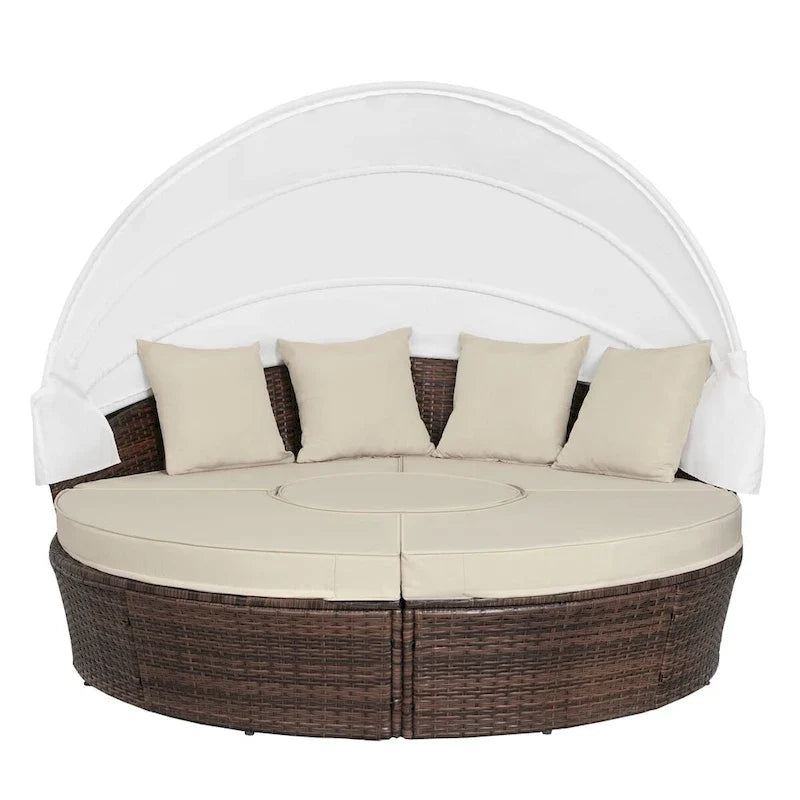 Ledel Wicker Outdoor Daybed 5-piece Sectional Sofa Set With Retractable Canopy and Cushions