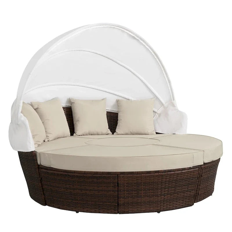Ledel Wicker Outdoor Daybed 5-piece Sectional Sofa Set With Retractable Canopy and Cushions