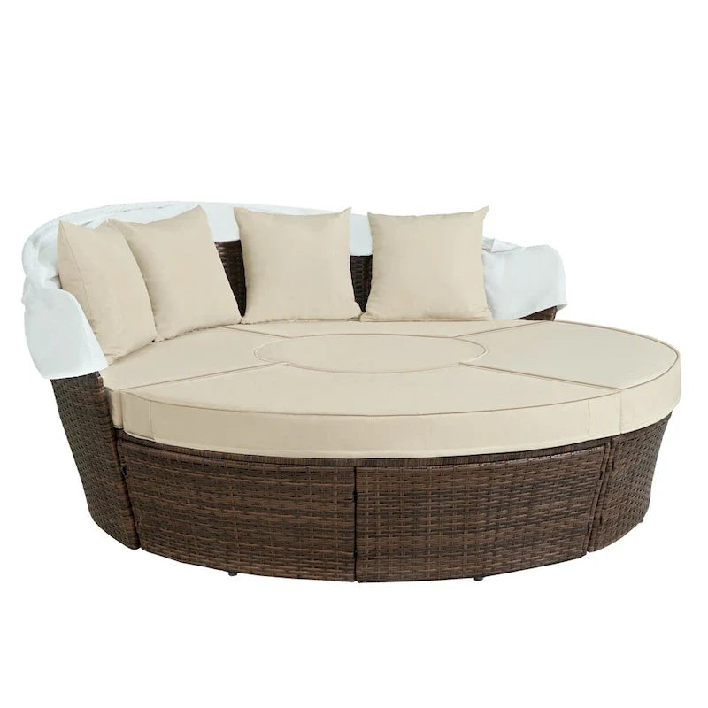 Ledel Wicker Outdoor Daybed 5-piece Sectional Sofa Set With Retractable Canopy and Cushions