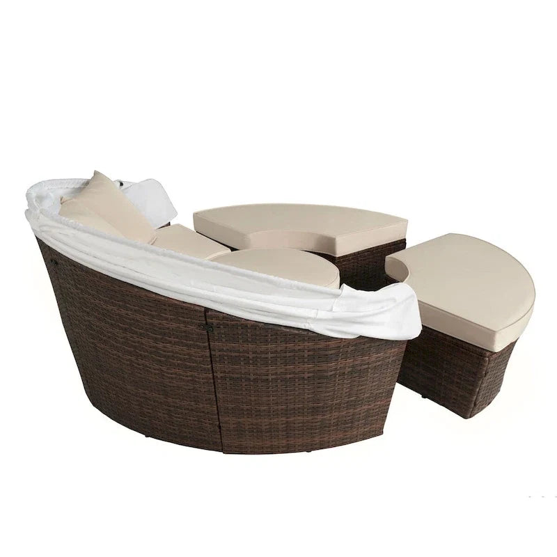 Ledel Wicker Outdoor Daybed 5-piece Sectional Sofa Set With Retractable Canopy and Cushions