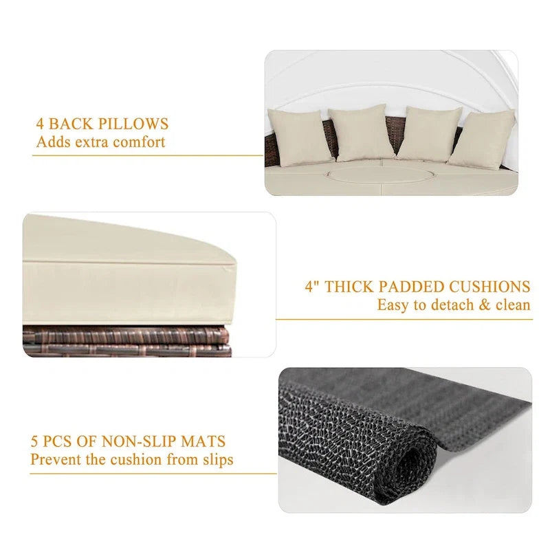 Ledel Wicker Outdoor Daybed 5-piece Sectional Sofa Set With Retractable Canopy and Cushions