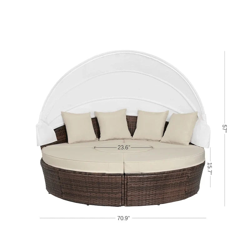 Ledel Wicker Outdoor Daybed 5-piece Sectional Sofa Set With Retractable Canopy and Cushions