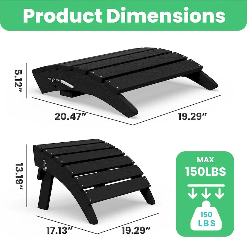 HDPE Folding Adirondack Ottoman, No-Assembly Outdoor Footrest,Fade Resistant Patio Footstool for Adirondack chair