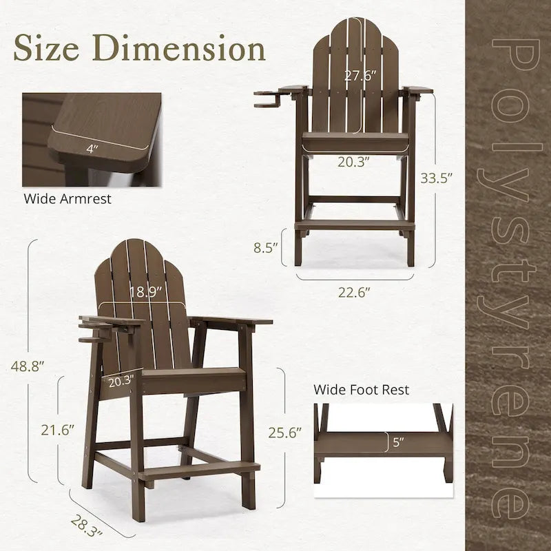 LUE BONA Plastic Patio Bar Stool Tall Adirondack Chairs,Bar Height Dining Chairs with Cup Holder