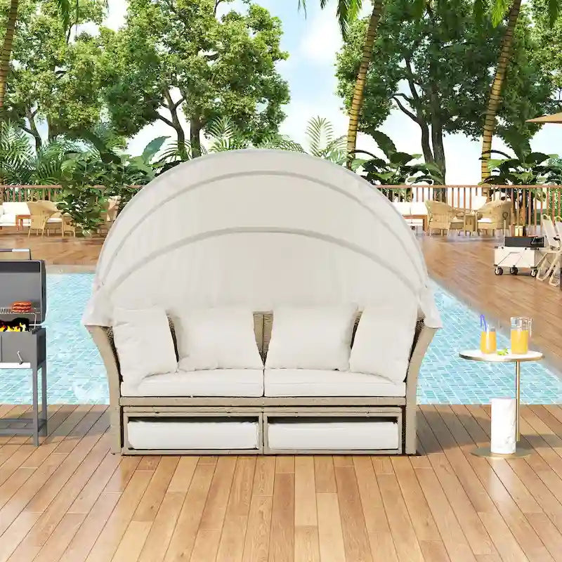 Outdoor Patio Daybed Wicker Rattan Double Daybed Round Sofa Furniture Set with Retractable Canopy