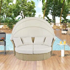 Outdoor Patio Daybed Wicker Rattan Double Daybed Round Sofa Furniture Set with Retractable Canopy