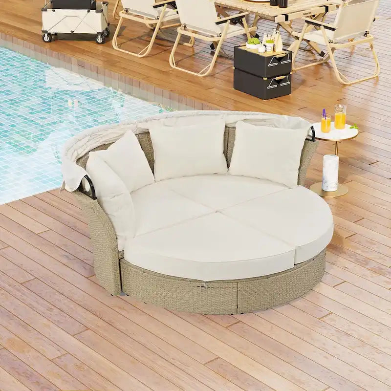Outdoor Patio Daybed Wicker Rattan Double Daybed Round Sofa Furniture Set with Retractable Canopy