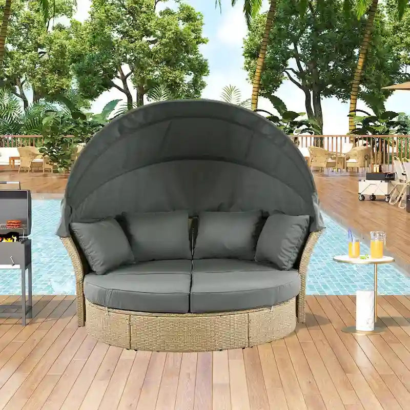 Outdoor Patio Daybed Wicker Rattan Double Daybed Round Sofa Furniture Set with Retractable Canopy