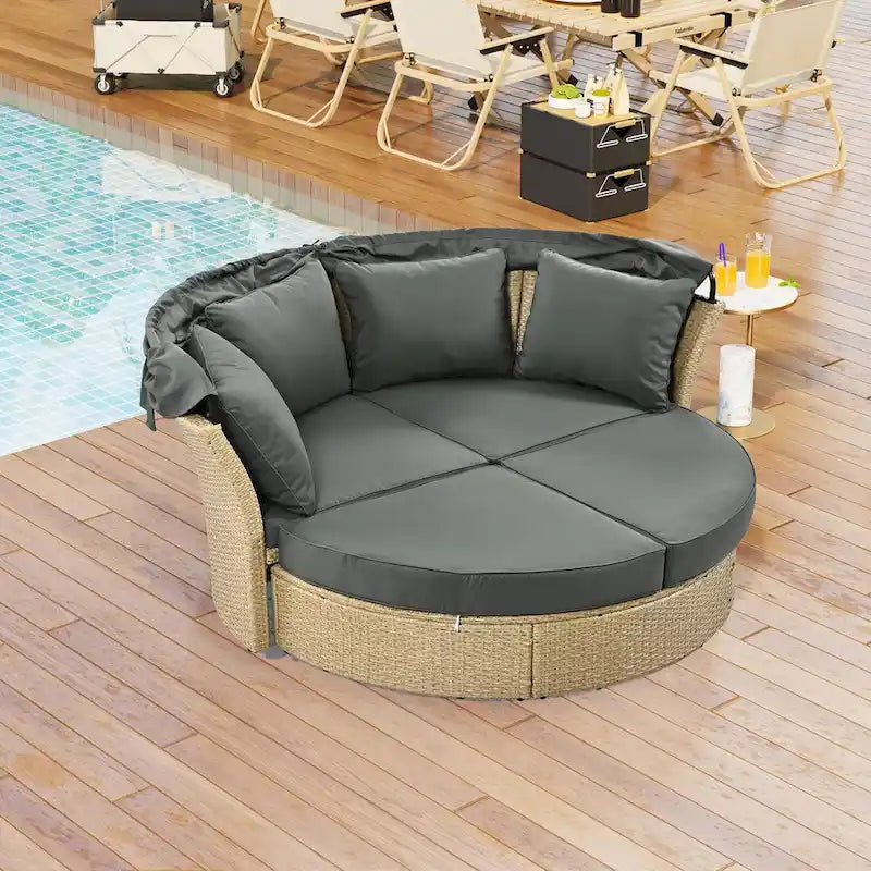 Outdoor Patio Daybed Wicker Rattan Double Daybed Round Sofa Furniture Set with Retractable Canopy