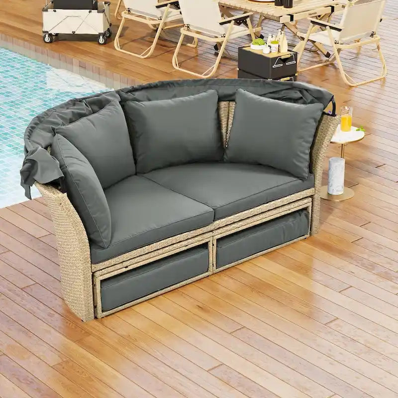 Outdoor Patio Daybed Wicker Rattan Double Daybed Round Sofa Furniture Set with Retractable Canopy