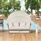 Outdoor Patio Daybed Wicker Rattan Double Daybed Round Sofa Furniture Set with Retractable Canopy