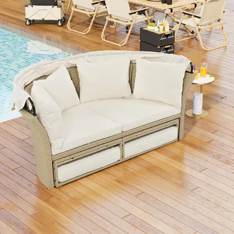 Outdoor Patio Daybed Wicker Rattan Double Daybed Round Sofa Furniture Set with Retractable Canopy