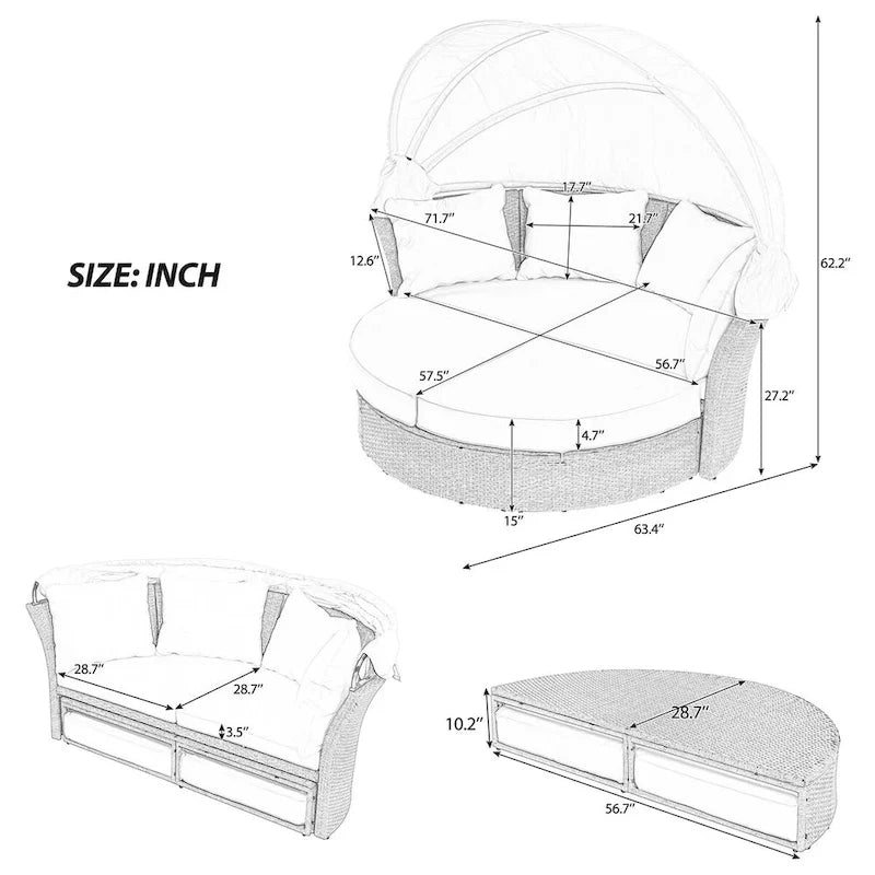 Outdoor Patio Daybed Wicker Rattan Double Daybed Round Sofa Furniture Set with Retractable Canopy