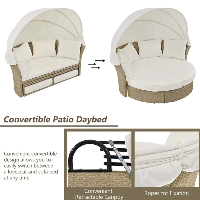 Outdoor Patio Daybed Wicker Rattan Double Daybed Round Sofa Furniture Set with Retractable Canopy