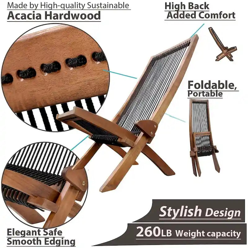 Folding Roping Solid Wood Outdoor Chair, Modern Low Profile Lounge Chair for Patio, Backyard, Deck, Porch, Poolside Garden, Lawn