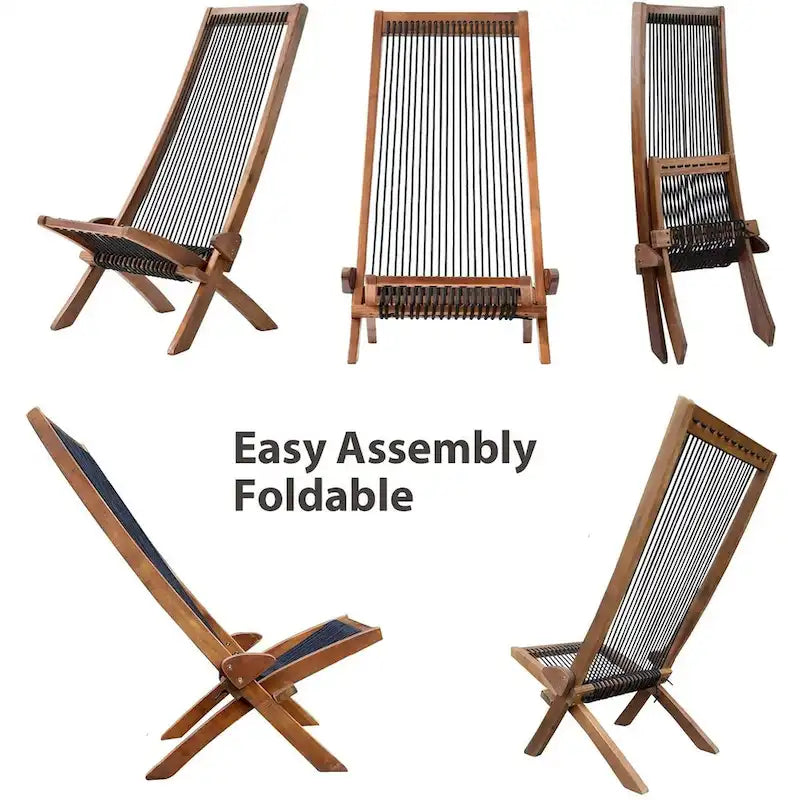 Folding Roping Solid Wood Outdoor Chair, Modern Low Profile Lounge Chair for Patio, Backyard, Deck, Porch, Poolside Garden, Lawn