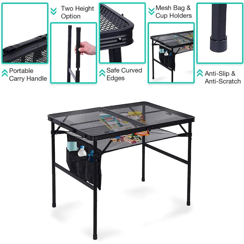 Folding Table Adjustable Height, Portable Camping Table with Mesh Bag Lightweight, Carry Handle for Outdoor, Beach, Picnic