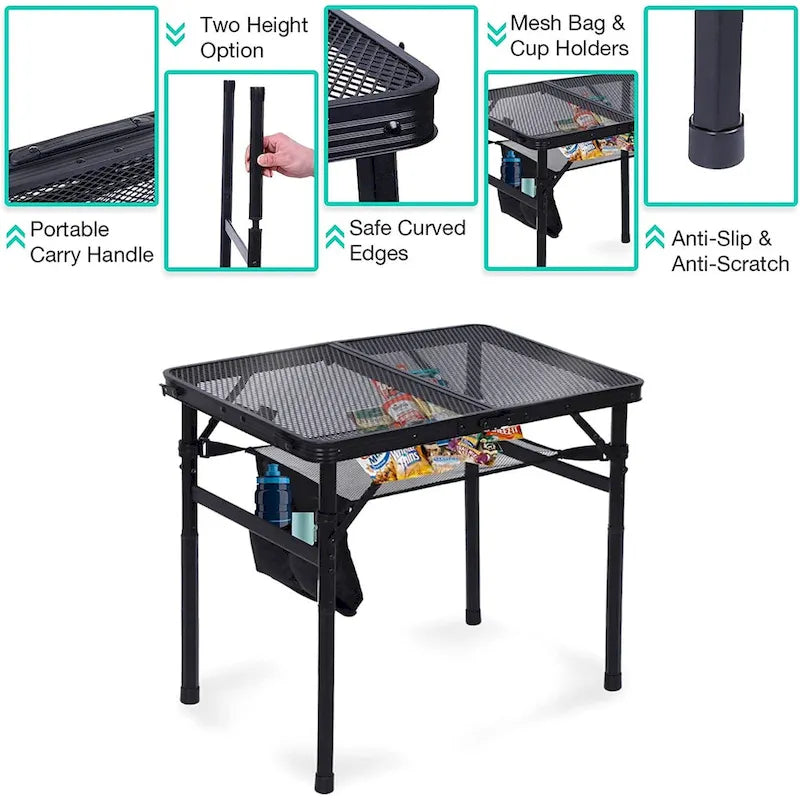 Folding Table Adjustable Height, Portable Camping Table with Mesh Bag Lightweight, Carry Handle for Outdoor, Beach, Picnic