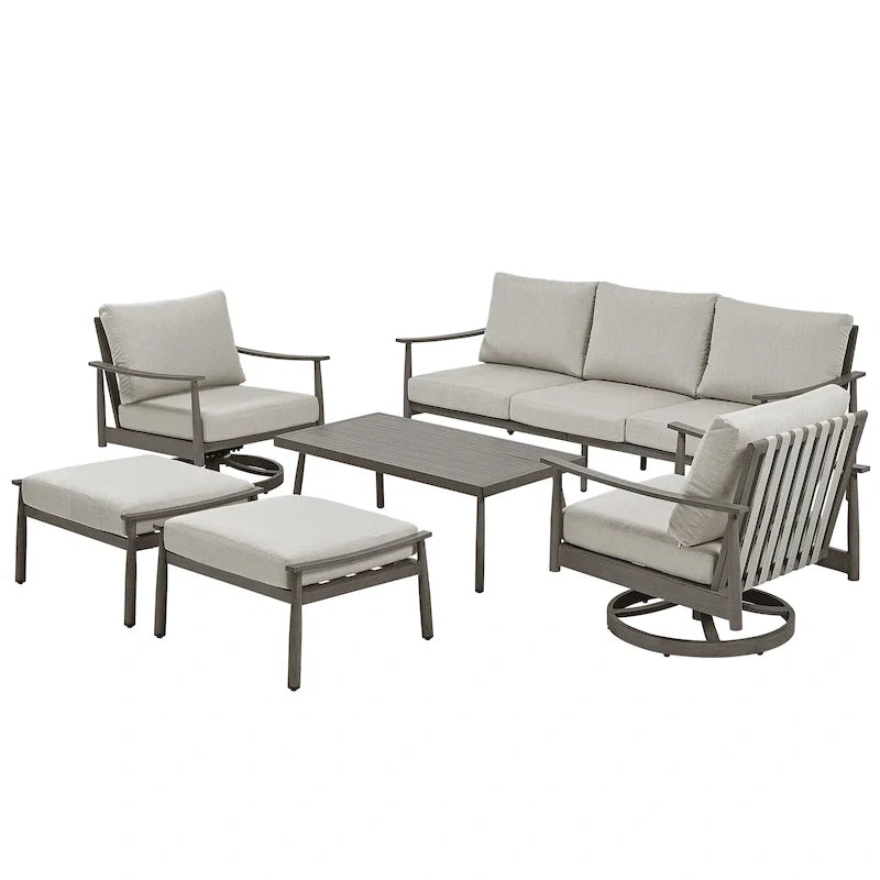 6-Person Aluminum Patio Conversation Set with 2 Swivel Chairs, 3-Seat Outdoor Couch and Coffee Table