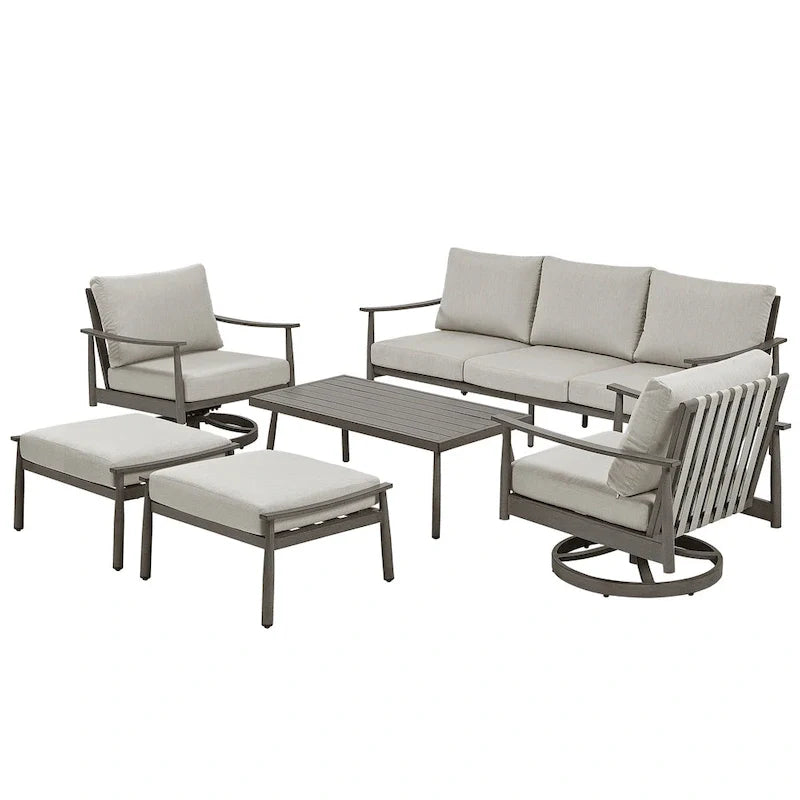 6-Person Aluminum Patio Conversation Set with 2 Swivel Chairs, 3-Seat Outdoor Couch and Coffee Table