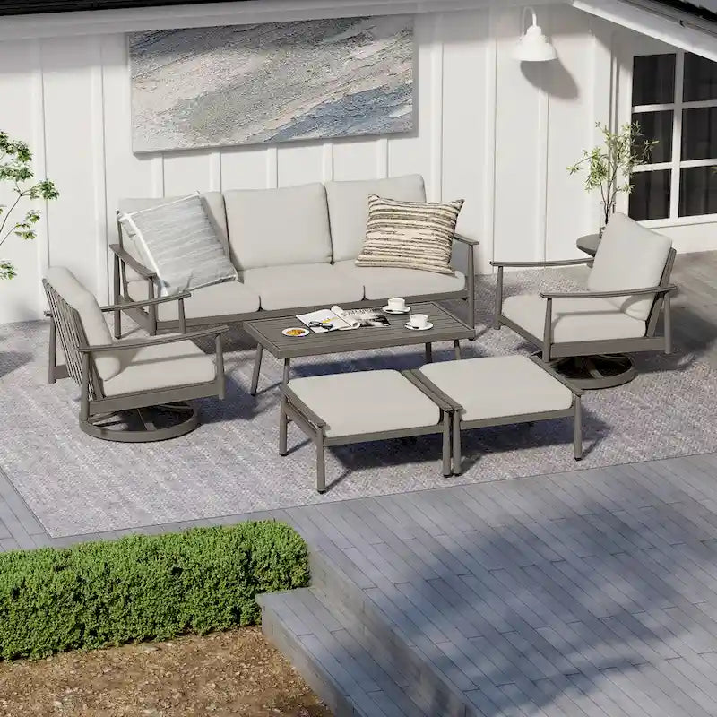 6-Person Aluminum Patio Conversation Set with 2 Swivel Chairs, 3-Seat Outdoor Couch and Coffee Table