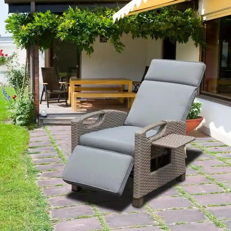 Outdoor Recliner Chair,Patio Recliner with Hand-Woven Wicker,Flip Table Push Back,Adjustable Angle,Reclining Lounge Chair