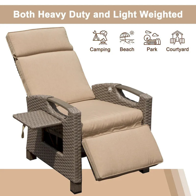 Outdoor Recliner Chair,Patio Recliner with Hand-Woven Wicker,Flip Table Push Back,Adjustable Angle,Reclining Lounge Chair