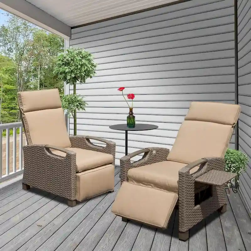 Outdoor Recliner Chair,Patio Recliner with Hand-Woven Wicker,Flip Table Push Back,Adjustable Angle,Reclining Lounge Chair