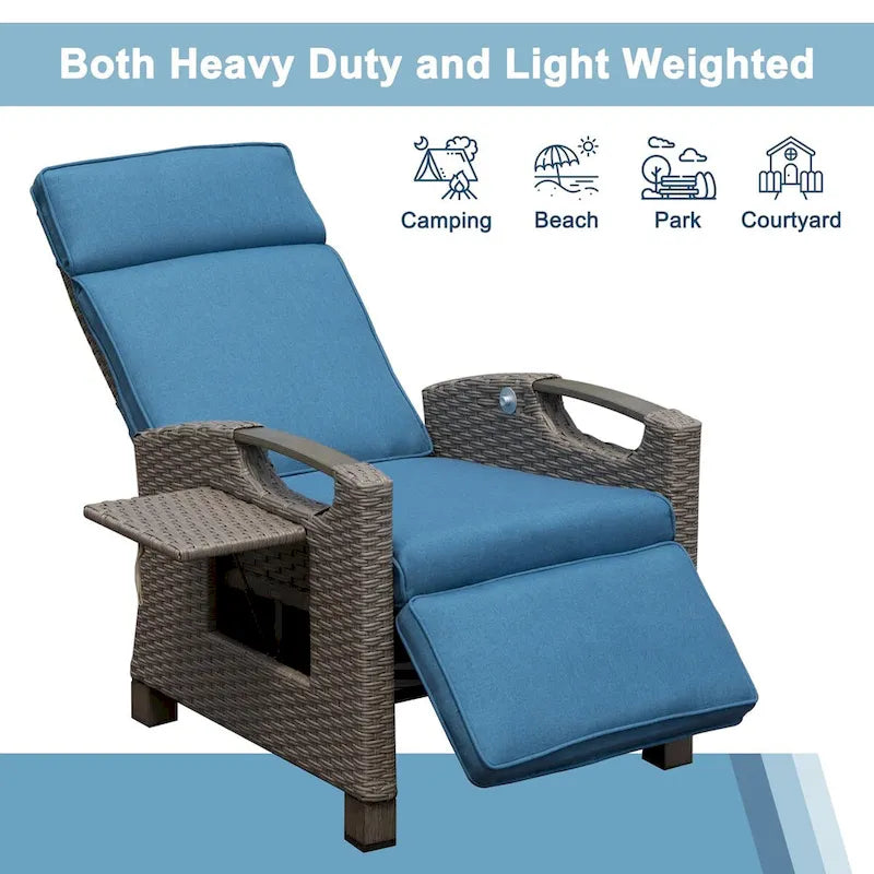 Outdoor Recliner Chair,Patio Recliner with Hand-Woven Wicker,Flip Table Push Back,Adjustable Angle,Reclining Lounge Chair