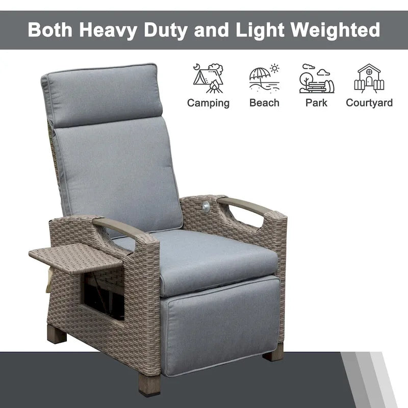 Outdoor Recliner Chair,Patio Recliner with Hand-Woven Wicker,Flip Table Push Back,Adjustable Angle,Reclining Lounge Chair