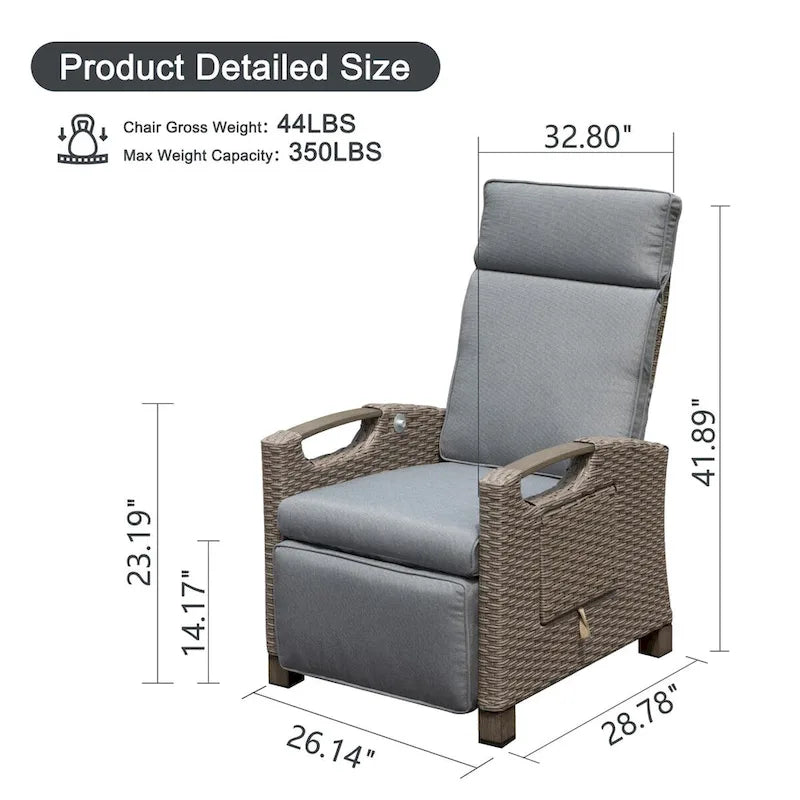 Outdoor Recliner Chair,Patio Recliner with Hand-Woven Wicker,Flip Table Push Back,Adjustable Angle,Reclining Lounge Chair