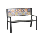 Metal Mosaic Floral and Scroll Patio Outdoor Bench with Orange & Blue or Blue & Teal Patterns -Black or White- Roche River Decor