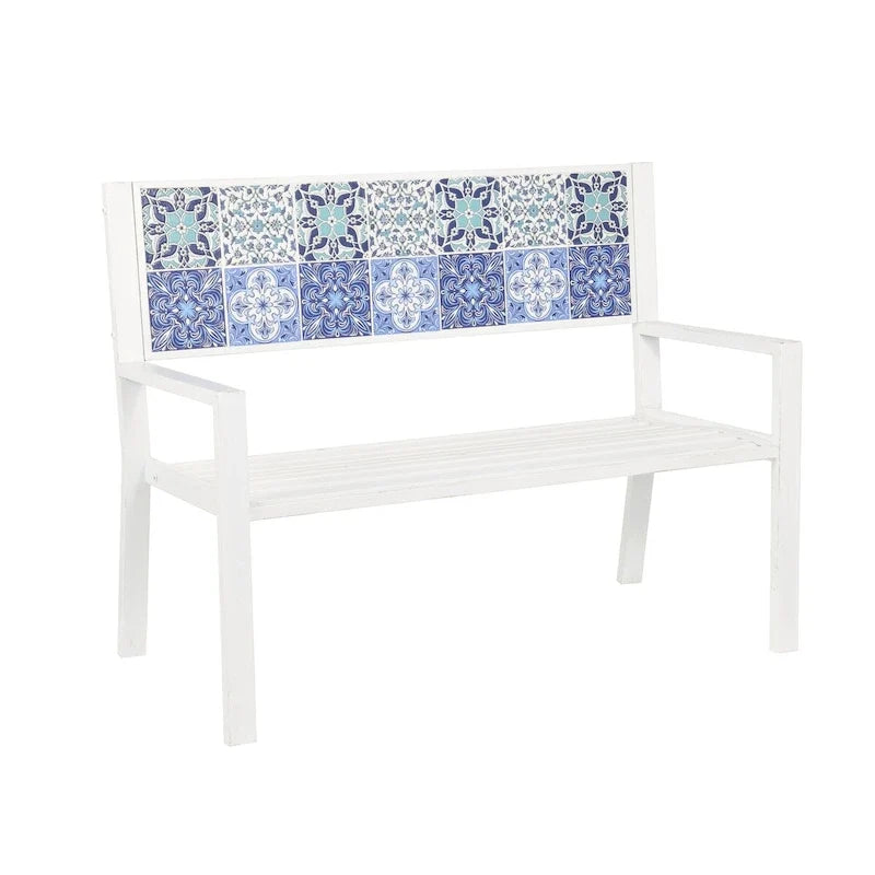 Metal Mosaic Floral and Scroll Patio Outdoor Bench with Orange & Blue or Blue & Teal Patterns -Black or White- Roche River Decor
