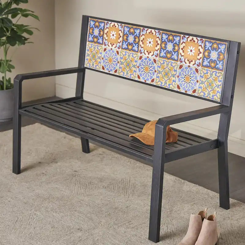 Metal Mosaic Floral and Scroll Patio Outdoor Bench with Orange & Blue or Blue & Teal Patterns -Black or White- Roche River Decor