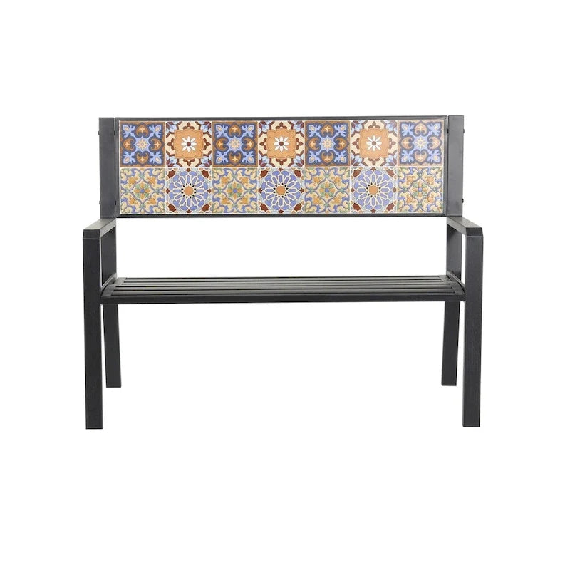 Metal Mosaic Floral and Scroll Patio Outdoor Bench with Orange & Blue or Blue & Teal Patterns -Black or White- Roche River Decor