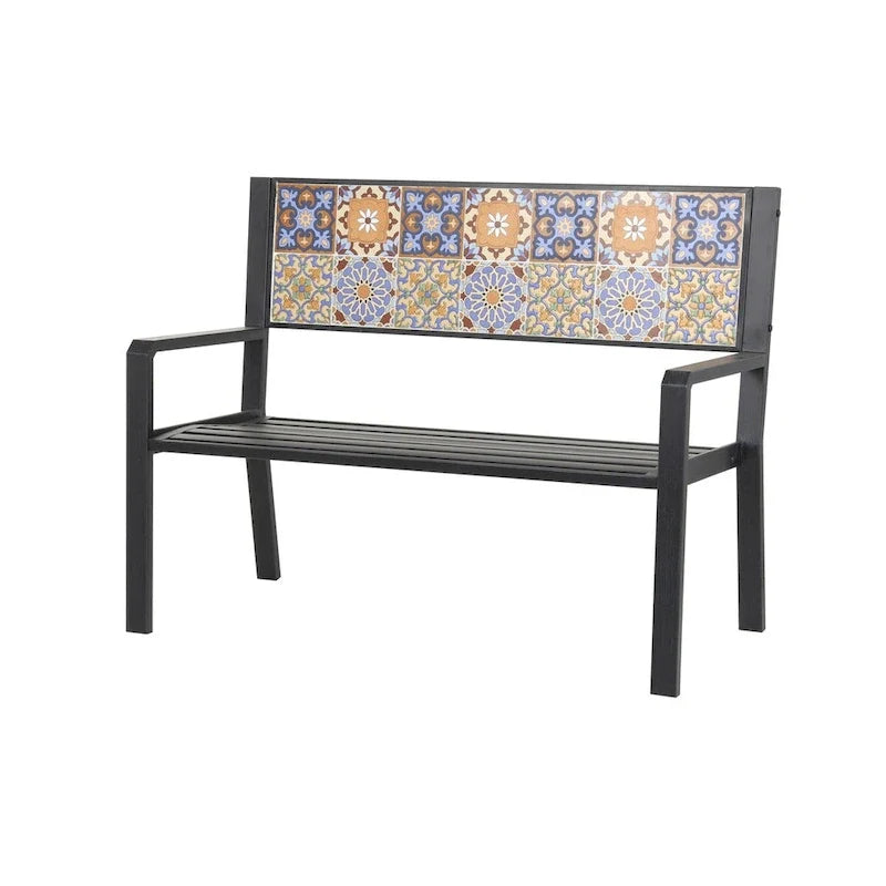 Metal Mosaic Floral and Scroll Patio Outdoor Bench with Orange & Blue or Blue & Teal Patterns -Black or White- Roche River Decor