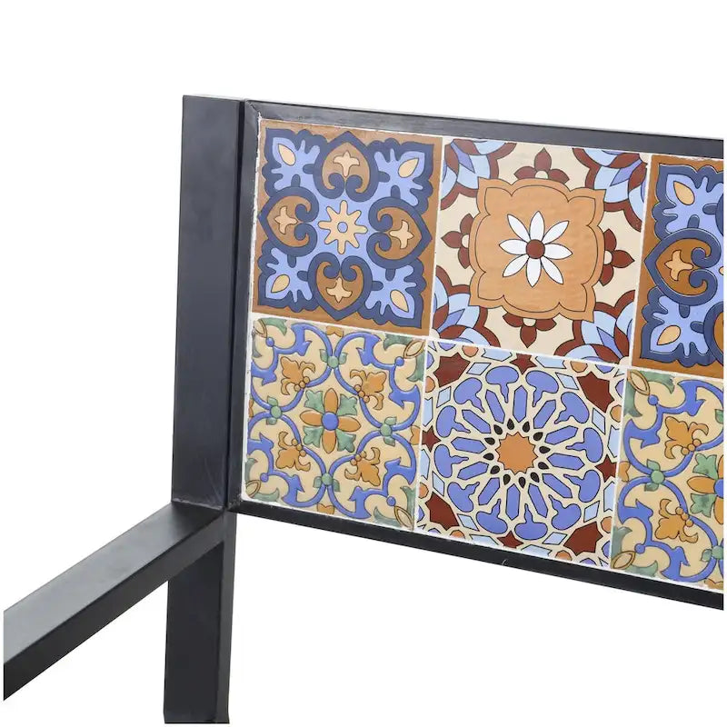 Metal Mosaic Floral and Scroll Patio Outdoor Bench with Orange & Blue or Blue & Teal Patterns -Black or White- Roche River Decor