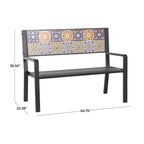 Metal Mosaic Floral and Scroll Patio Outdoor Bench with Orange & Blue or Blue & Teal Patterns -Black or White- Roche River Decor