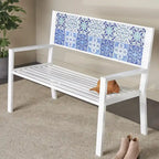 Metal Mosaic Floral and Scroll Patio Outdoor Bench with Orange & Blue or Blue & Teal Patterns -Black or White- Roche River Decor
