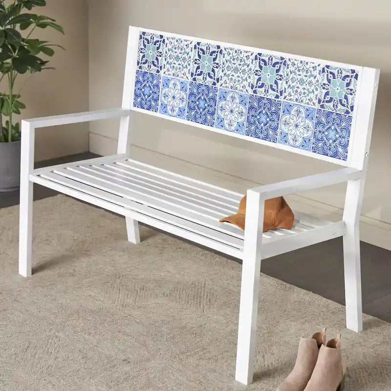 Metal Mosaic Floral and Scroll Patio Outdoor Bench with Orange & Blue or Blue & Teal Patterns -Black or White- Roche River Decor