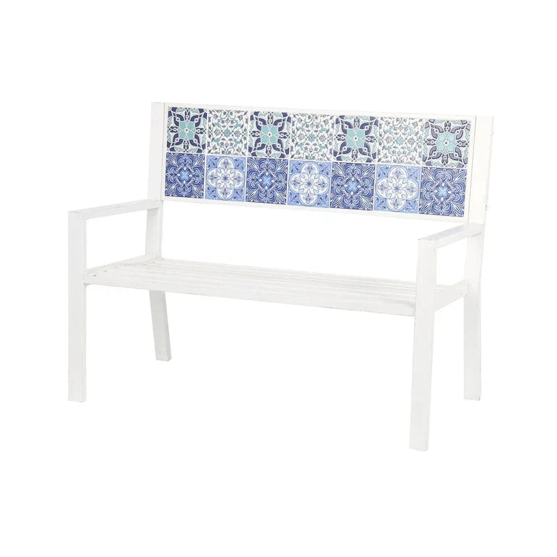 Metal Mosaic Floral and Scroll Patio Outdoor Bench with Orange & Blue or Blue & Teal Patterns -Black or White- Roche River Decor