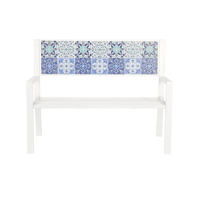 Metal Mosaic Floral and Scroll Patio Outdoor Bench with Orange & Blue or Blue & Teal Patterns -Black or White- Roche River Decor