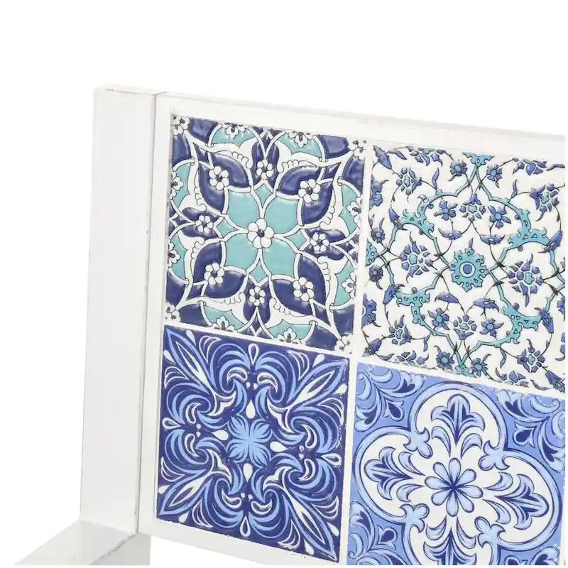Metal Mosaic Floral and Scroll Patio Outdoor Bench with Orange & Blue or Blue & Teal Patterns -Black or White- Roche River Decor