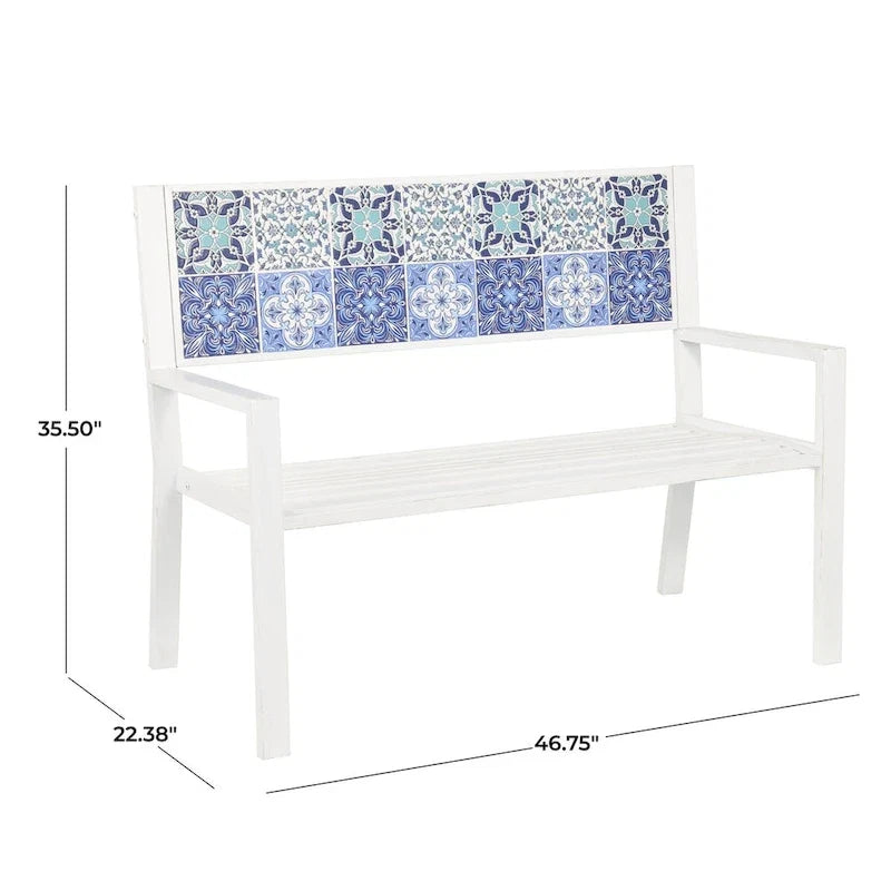 Metal Mosaic Floral and Scroll Patio Outdoor Bench with Orange & Blue or Blue & Teal Patterns -Black or White- Roche River Decor