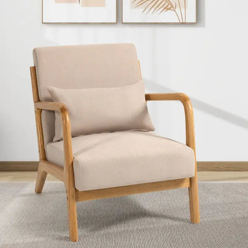 Beige Linen Armchair with Wood Legs - 23.20 x 29.50